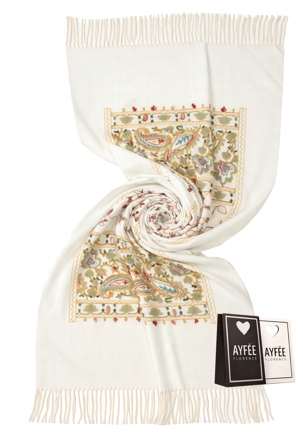 STOLA CASHEMERE EMBOIDERY, CM 75*180, 100% VISCOSE MADE IN PRC        - WHITE